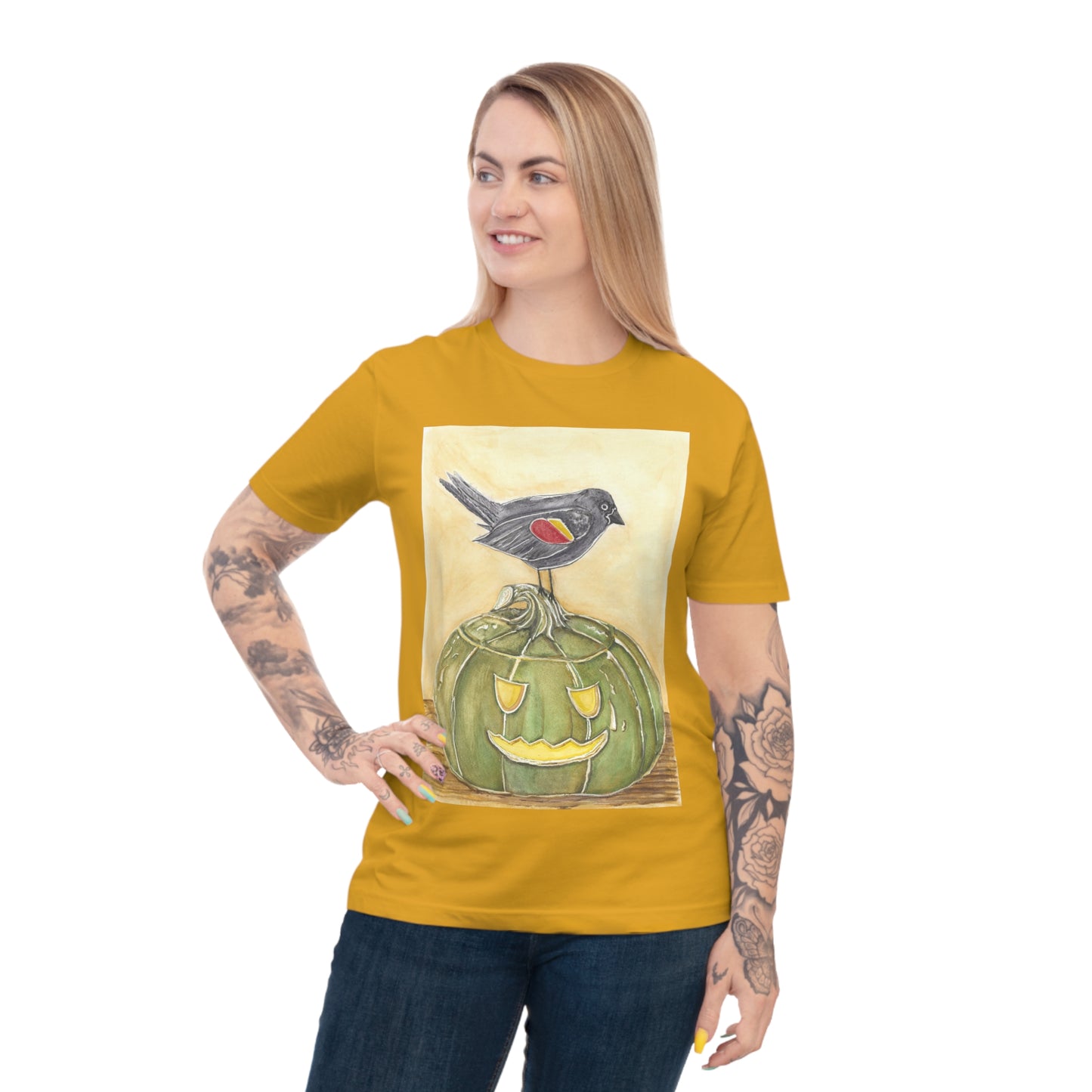 T-Shirt - Quirky Red Wing Black Bird Perched on Green Jack o Lantern - Black Jack Painting Print