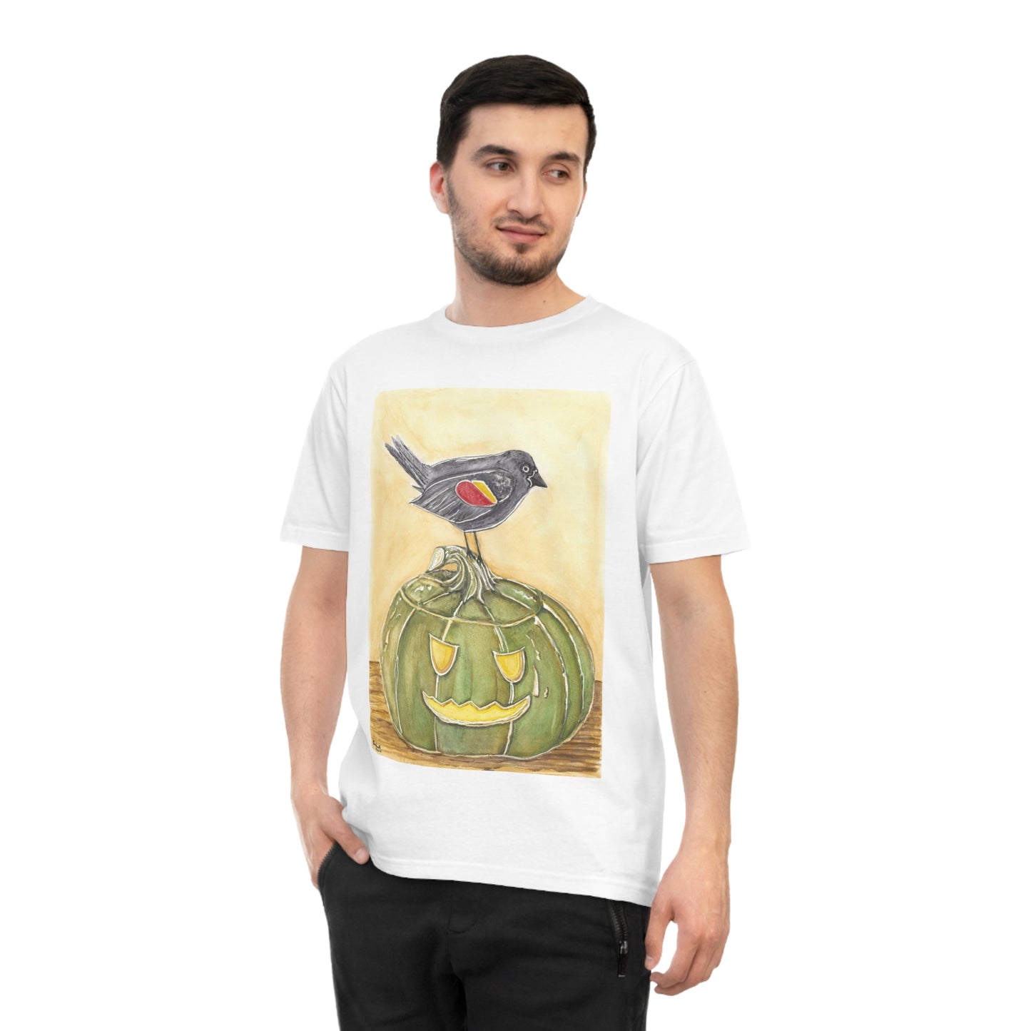 T-Shirt - Quirky Red Wing Black Bird Perched on Green Jack o Lantern - Black Jack Painting Print