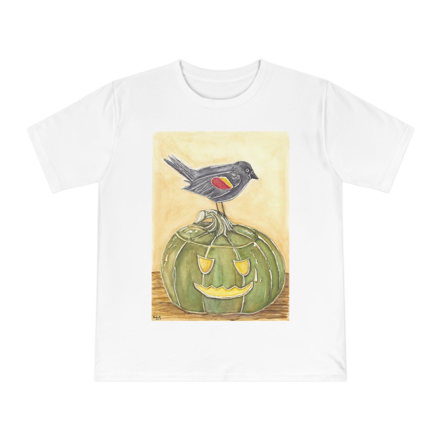 T-Shirt - Quirky Red Wing Black Bird Perched on Green Jack o Lantern - Black Jack Painting Print