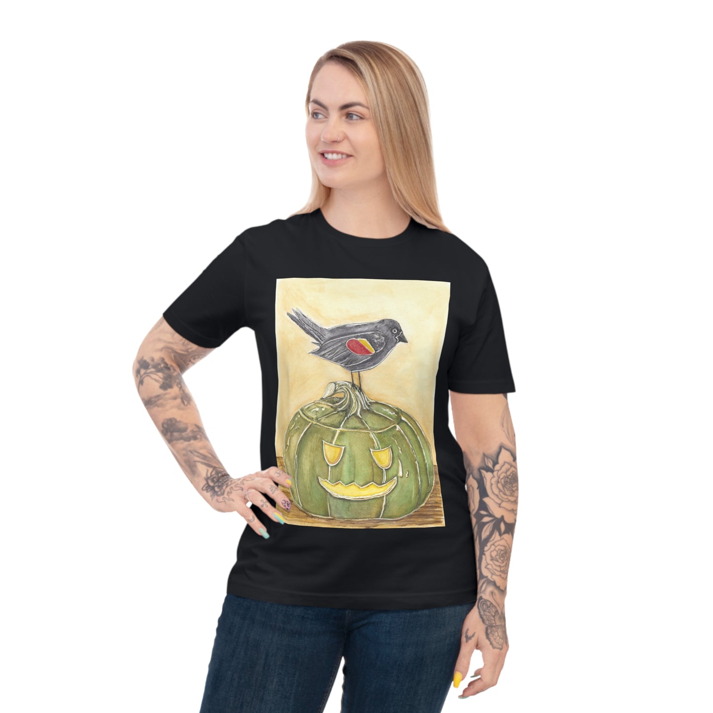 T-Shirt - Quirky Red Wing Black Bird Perched on Green Jack o Lantern - Black Jack Painting Print