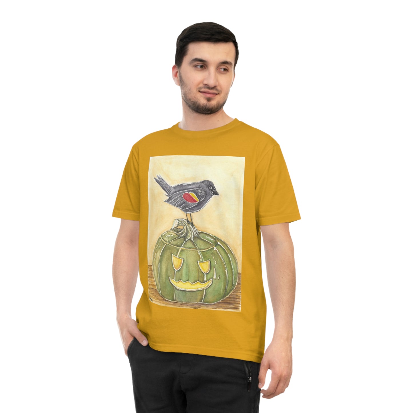 T-Shirt - Quirky Red Wing Black Bird Perched on Green Jack o Lantern - Black Jack Painting Print