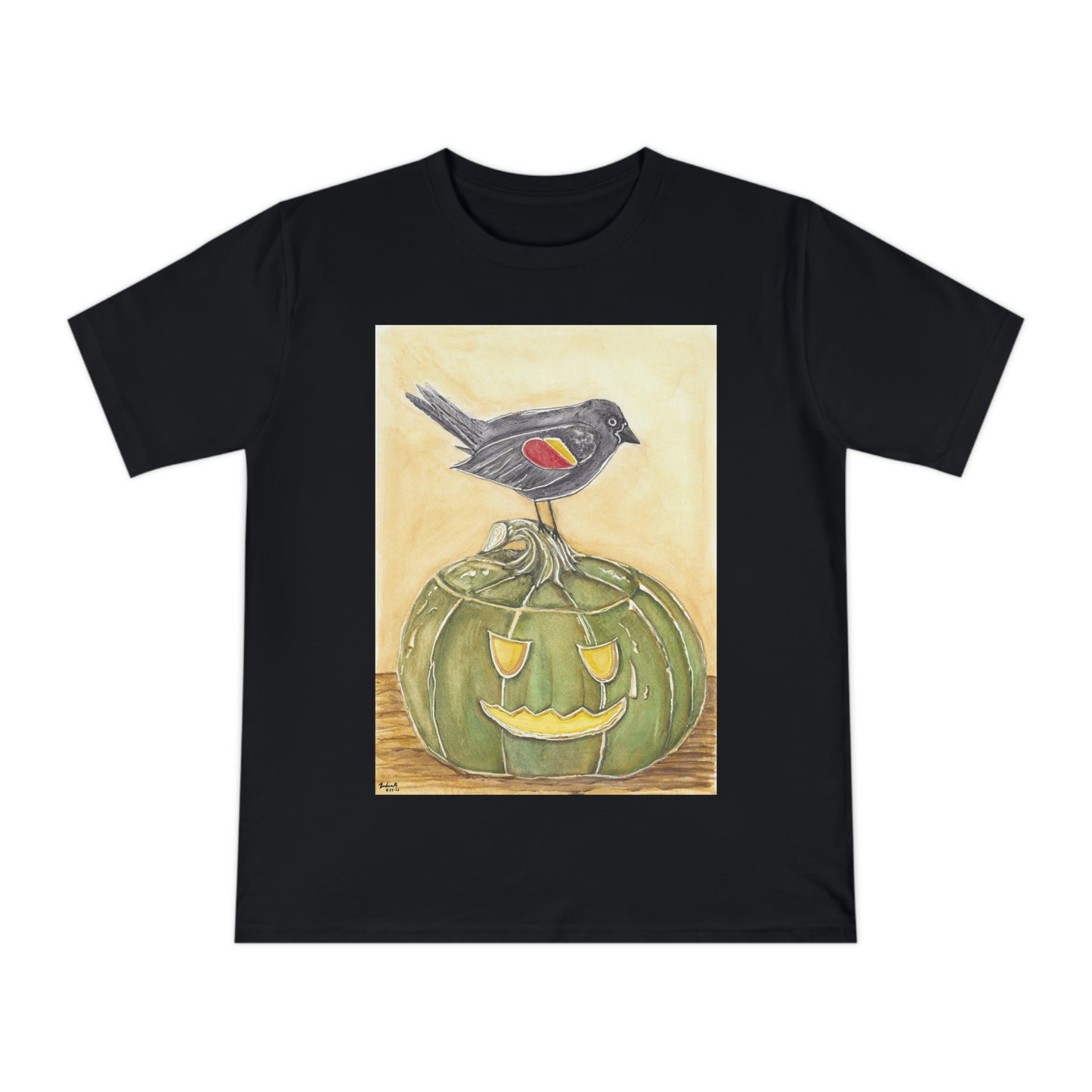 T-Shirt - Quirky Red Wing Black Bird Perched on Green Jack o Lantern - Black Jack Painting Print