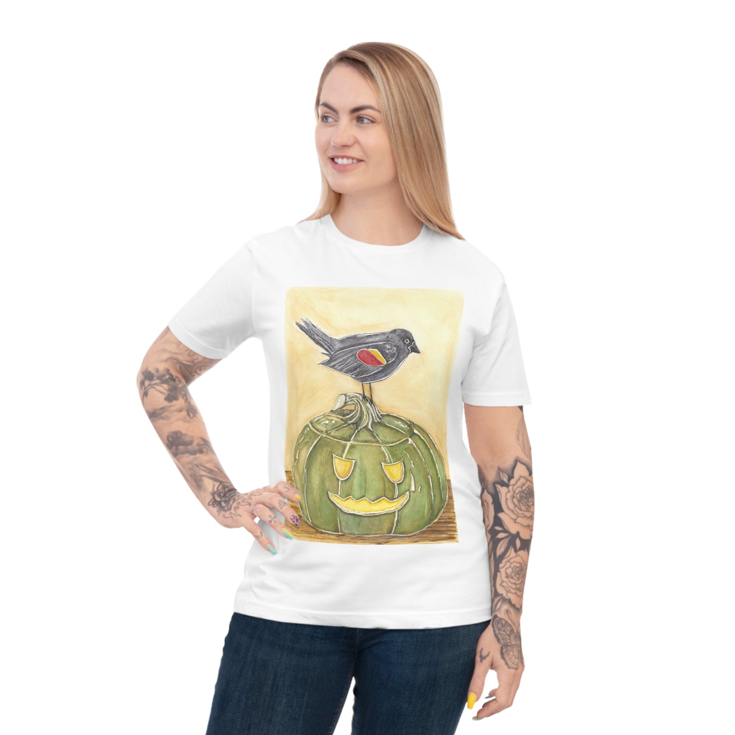 T-Shirt - Quirky Red Wing Black Bird Perched on Green Jack o Lantern - Black Jack Painting Print