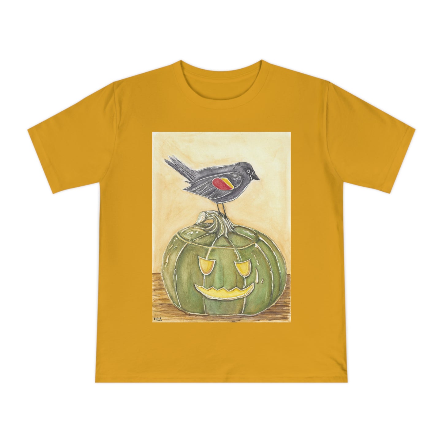 T-Shirt - Quirky Red Wing Black Bird Perched on Green Jack o Lantern - Black Jack Painting Print