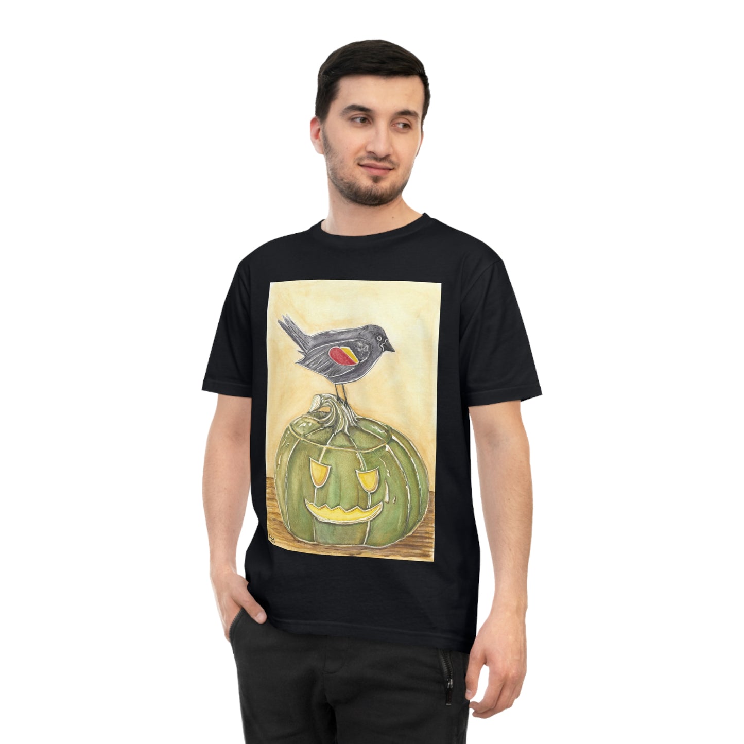 T-Shirt - Quirky Red Wing Black Bird Perched on Green Jack o Lantern - Black Jack Painting Print